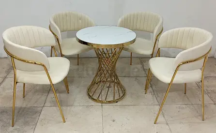 Elegant Beige Dining Set with Golden Accents - Dining Table Set 4 Seater with Round Table