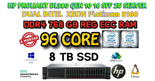 768 GB RAM 96 CORE-HP PROLIANT DL380 GEN 10 SERVER-2 INTEL XEON PLATINIUM 8160 CPU-8TB SSD- 2U SERVE