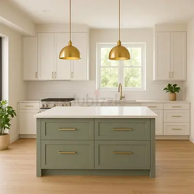 Stylish Green Kitchen Island with Gold Accents