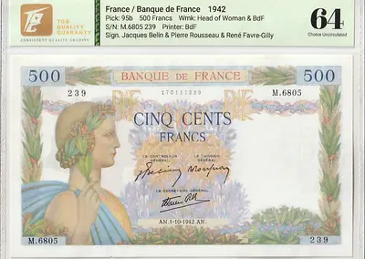 500 Francs Banknote From France 1942 / UNC