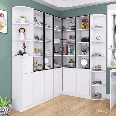 Modern White Corner Bookshelf with Glass Doors