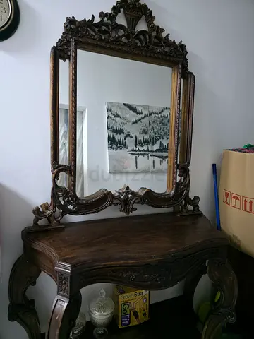 Antique Solid Wood Dressing Table with Ornate Mirror