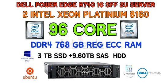 768 GB RAM 96 CORE-DELL POWER EDGE R740-2 INTEL XEON PLATINIUM 8160 CPU-3TB SSD+9.60TB SAS HDD-16 SF
