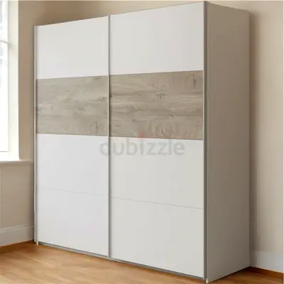 Modern Sliding Door Wardrobe with Wooden Accent
