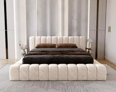 Upholstered bed 180x200 Como - double bed with slatted frame, bed box, thick foam - velvet - Cream (