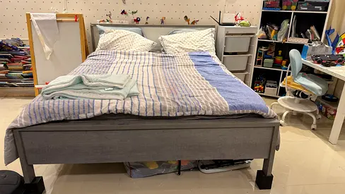 Gray color bed for sale with mattress, comfortable