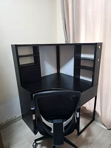 Black Corner Study Table with Open Shelves