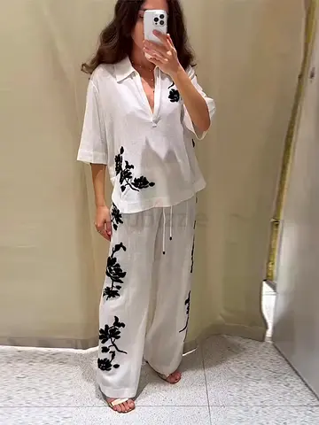 Zara Luxe Co-Ord in White With Black Embroidered  Bead Details