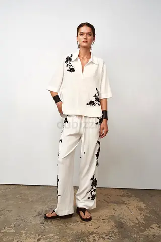 Zara Luxe Co-Ord in White With Black Embroidered  Bead Details