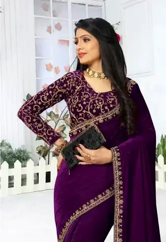 Elegant and Beautiful Velvet Purple color Saree with full embroidery worded Blouse piece
