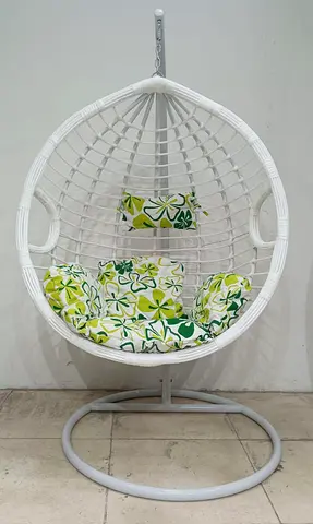 Elegant White Hanging Chair with Floral Cushions