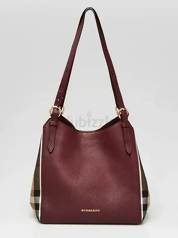 Burgundy Leather And House Check Canvas Small Canterbury Tote Bag