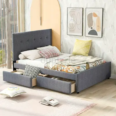 Queen Size Bed with 2 Storage Drawers, Upholstered Queen Platform Bed Frame with Tufted Headboard an