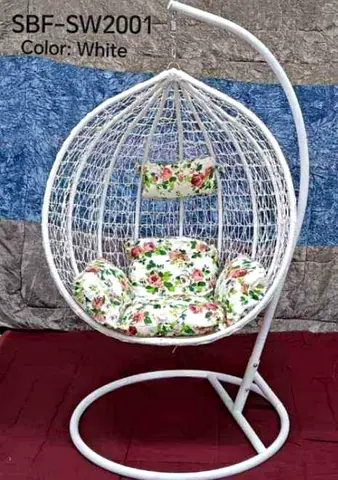 Cozy White Hanging Chair with Floral Cushion