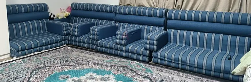 Comfortable Blue Striped Sectional Sofa with Rug