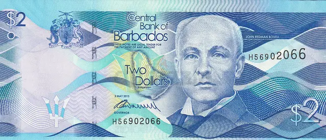 BARBADOS 2 DOLLARS BANKNOTE 2013