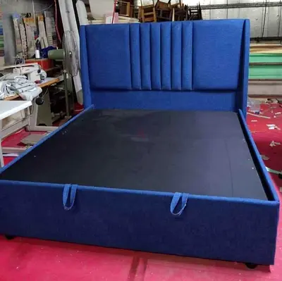 King Size Stylish Blue Fabric Bed Frame with Storage