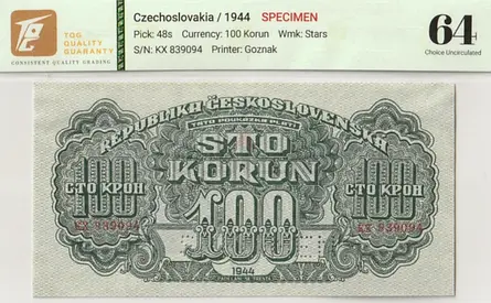 100 Korun Banknote From Czechoslovakia,  1944, SPECIMEN