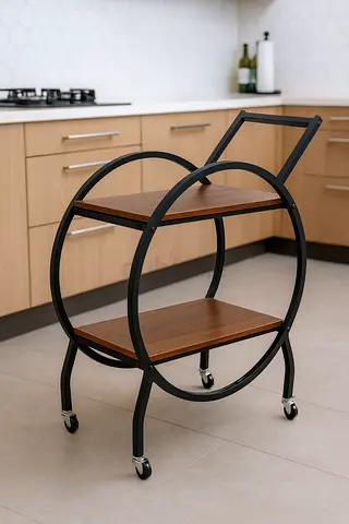 Wooden 2-Tier Kitchen Trolley with 2 Shelves - Black Round Serving Trolley with Metal Frame