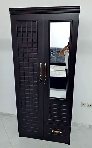 Stylish Black Wardrobe with Mirror and Drawer
