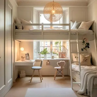 Charming Loft Bed with Workspace and Cozy Decor