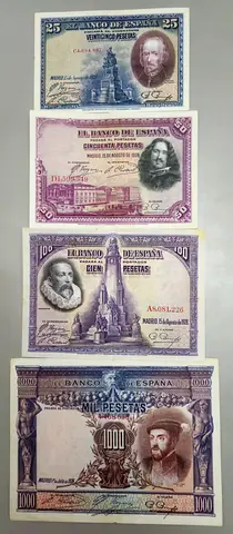 Vintage Banknotes Set From Spain,  1925-1928
