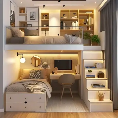 Stylish Bunk Bed with Integrated Workspace and Storage