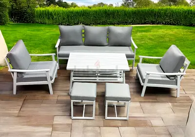7 Seater White Aluminium Garden Outdoor Sofa with Grey Cushions
