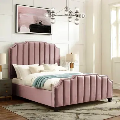 Elegant King Size Bed in Soft Pink with Plush Headboard