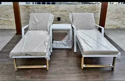 White Aluminium Sun Beds , Sun Loungers Set with Table