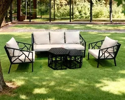 High Quality Black Metal Outdoor Garden Sofa Set with Two Tables