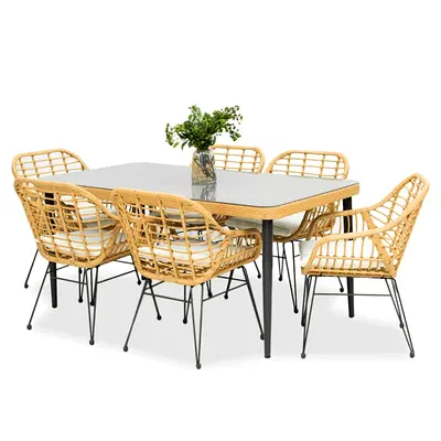 Six Seater Outdoor Metal Rattan Dining Chairs and Table Set