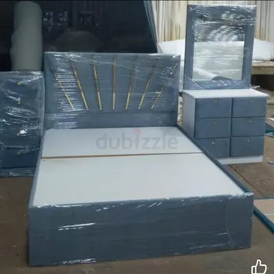 Modern Grey Bed Set with Nightstand and Mirror