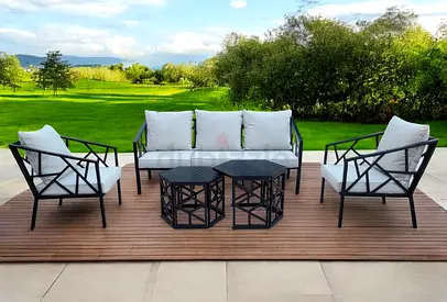 Beautiful Design Black Metal Garden Sofa Outdoor Sofa Set with Two Tables