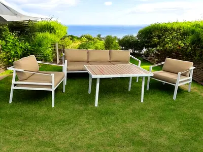 Stunning 5 Seater White Aluminium Garden Outdoor Sofa with Beige Cushions