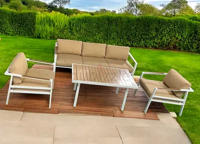 Stunning 5 Seater White Aluminium Garden Outdoor Sofa with Beige Cushions