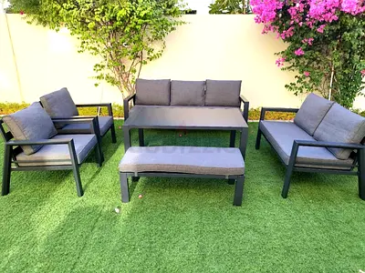 High Quality Dark Grey 9 Seater Aluminium Garden Outdoor Sofa Set with Big Table