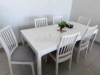 Modern White Dining Table Set with Six Chairs
