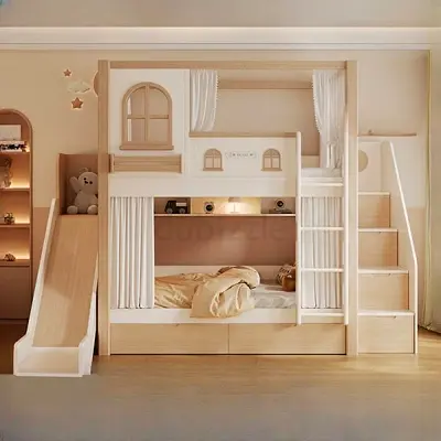 Charming Wooden Bunk Bed with Slide for Kids
