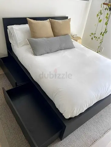 IKEA queen‑size bed (160 × 200 cm) with 2 storage drawers underneath and an IKEA mattress
