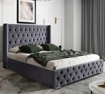 Elegant Grey Upholstered Bed with Tufted Headboard