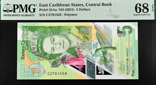 East Caribbean States 5 Dollars Polymer Banknote,  2021 / Superb Gem UNC