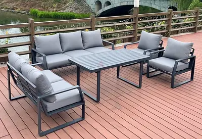 dark grey 7-seater aluminium outdoor patio furniture set.