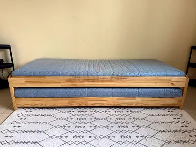 Stylish Wooden Bed Frame with Comfortable Mattress, and chair IKEA stackable bed and chair