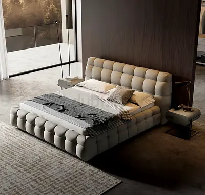 Premium Boucle Fabric Bed – Soft Grey Finish