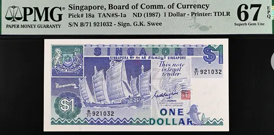 Singapore 1 Dollar Banknote,  1987 / UNC 67 By PMG
