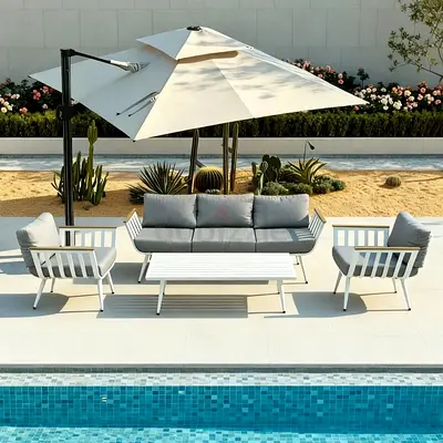 White aluminium outdoor lounge sofa set, complete with beautiful grey cushions