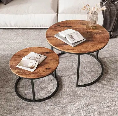 Nesting Round Coffee Table Set of 2 Side Tables for Living Room and Patio, Industrial Stackabl