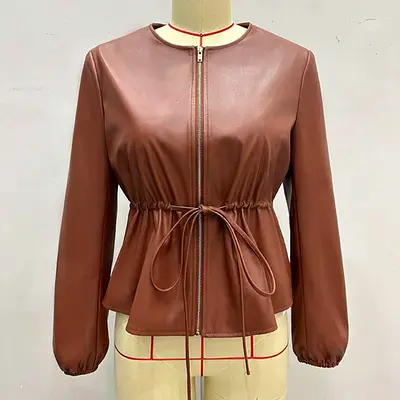 Womens Zip Front Faux Leather Jacket, Long Sleeve Drawstring Waist Jacket