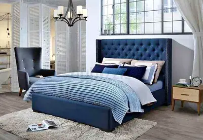 Elegant Blue Upholstered Bed Frame For Sale